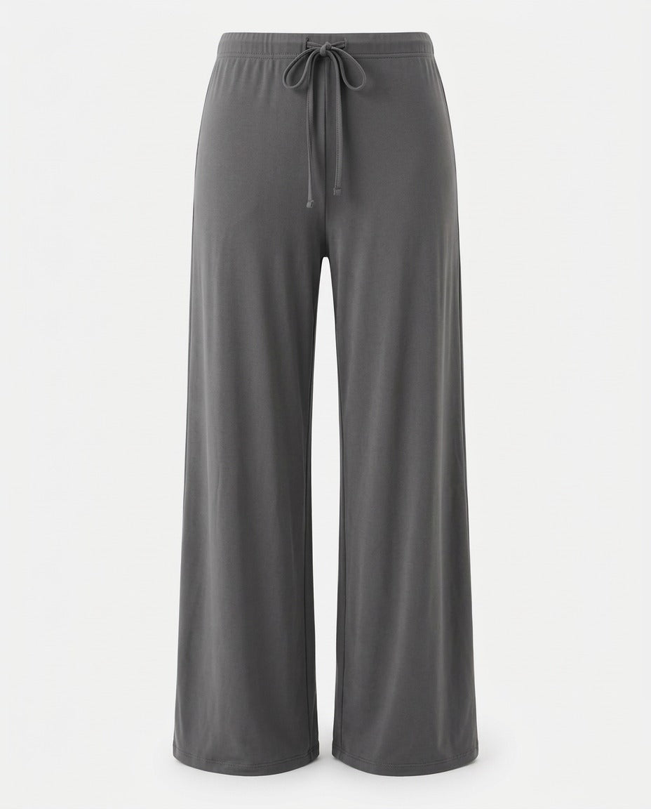 Grey jersey trouser, back view, showing relaxed fit through the leg.