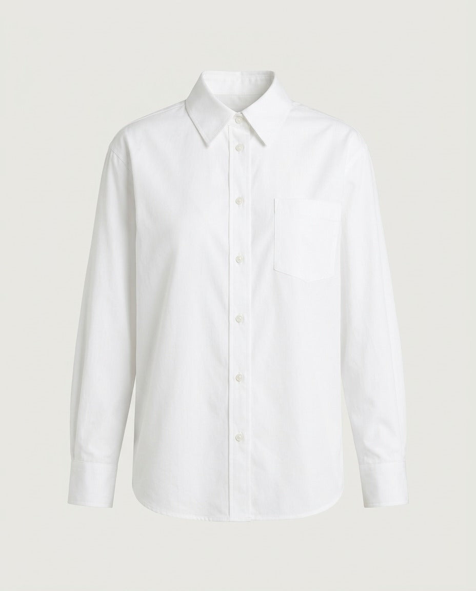 Front view of relaxed poplin shirt in white with open collar and chest pocket