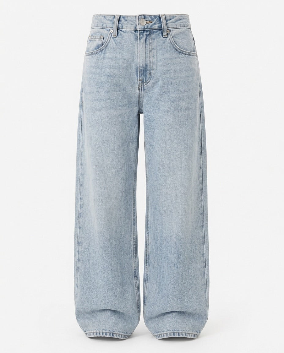 Relaxed Wide-Leg Jean in Washed Denim Blue, shown sitting high on the waist.