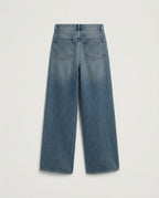 Wide-leg jeans showing crystal embellishment, whiskering and garment wash
