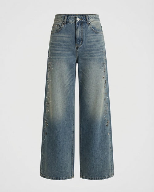 Mid wash wide-leg jeans with crystal trail down the side seam, front view