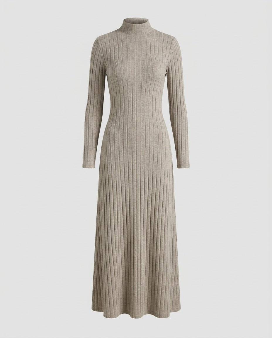 Model wearing Ribbed Knit Flared Midi Dress in Oatmeal, showing the close-cut body.