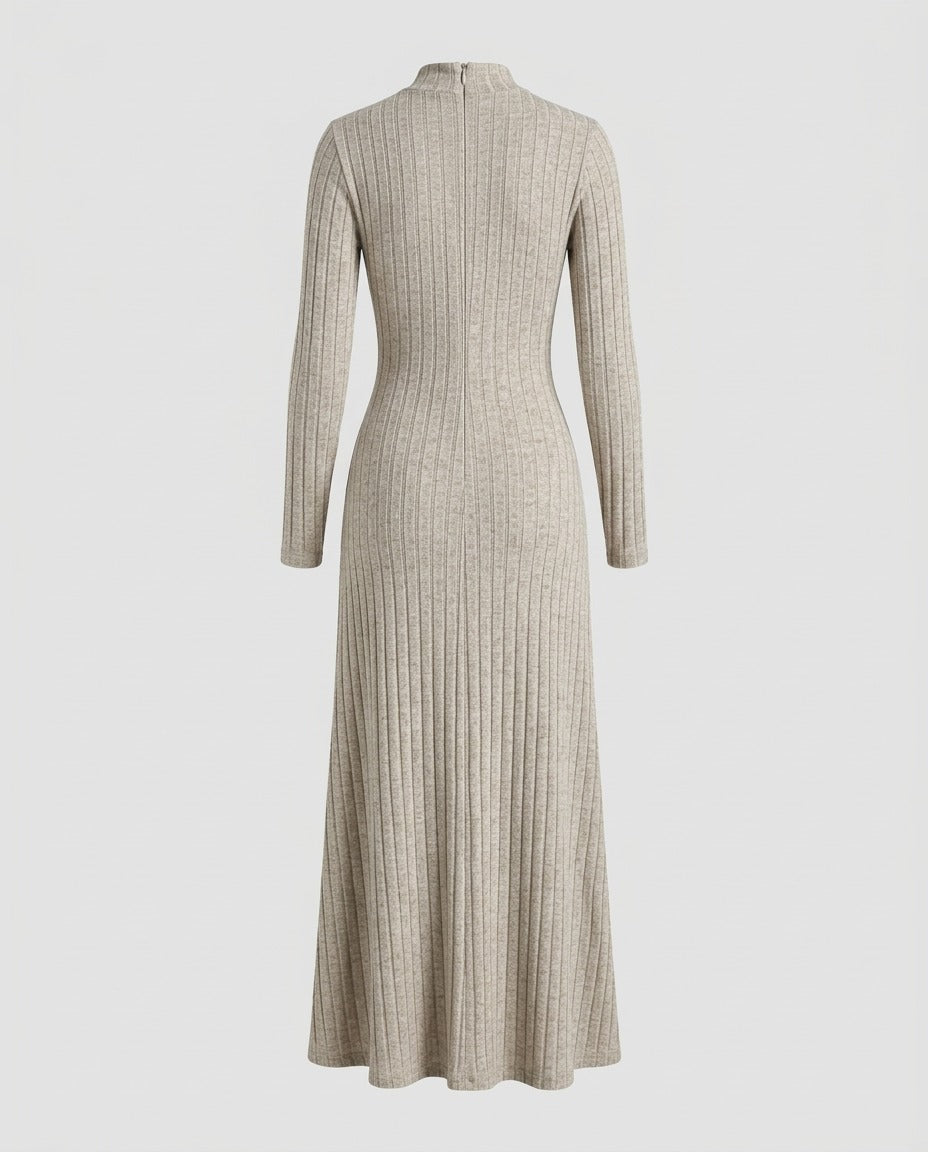 Ribbed Knit Flared Midi Dress in Oatmeal, showing the flared line of the skirt.