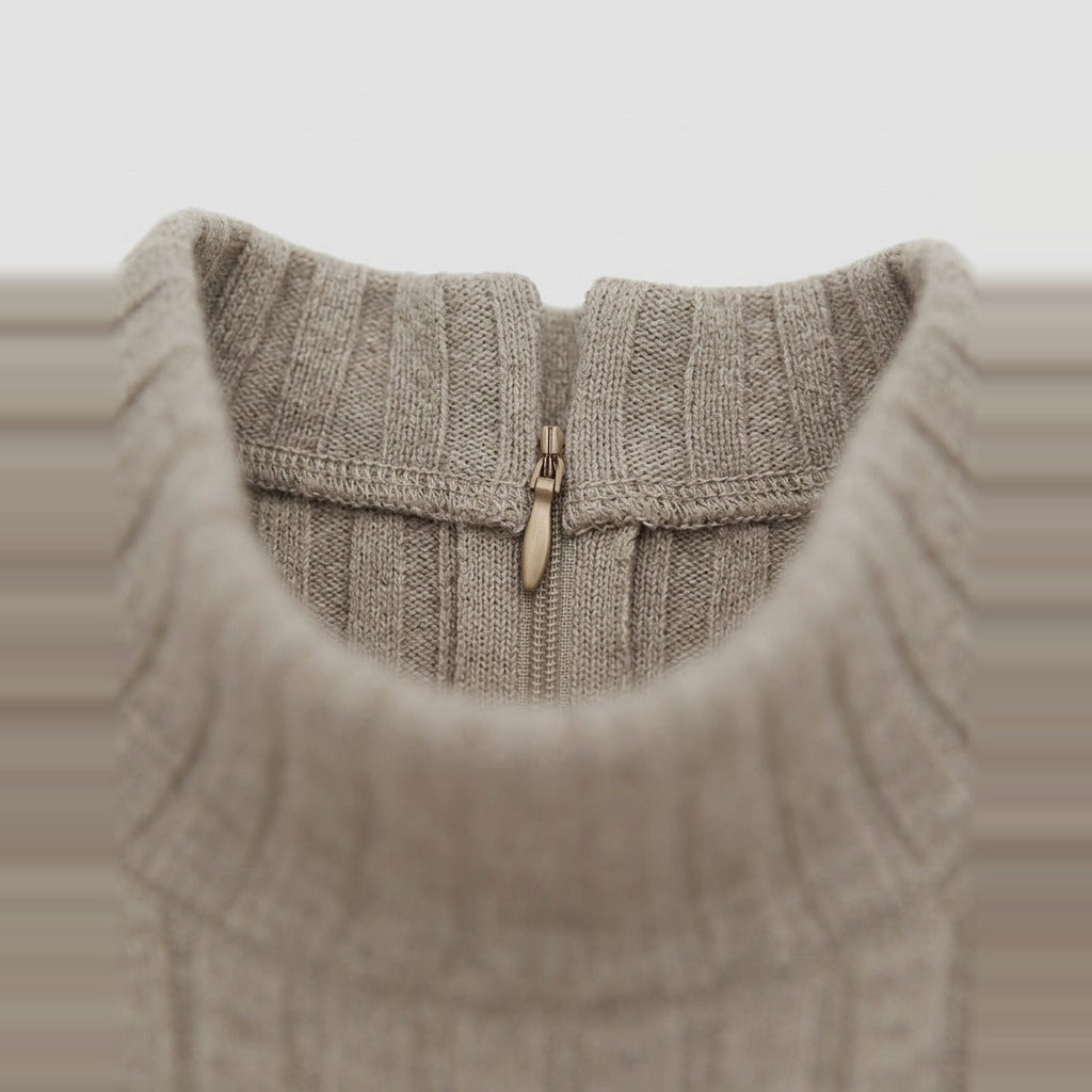 Ribbed Knit Flared Midi Dress in Oatmeal, high neck and back zip on ribbed knit, detail view