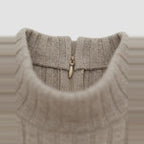 Ribbed Knit Flared Midi Dress in Oatmeal, high neck and back zip on ribbed knit, detail view