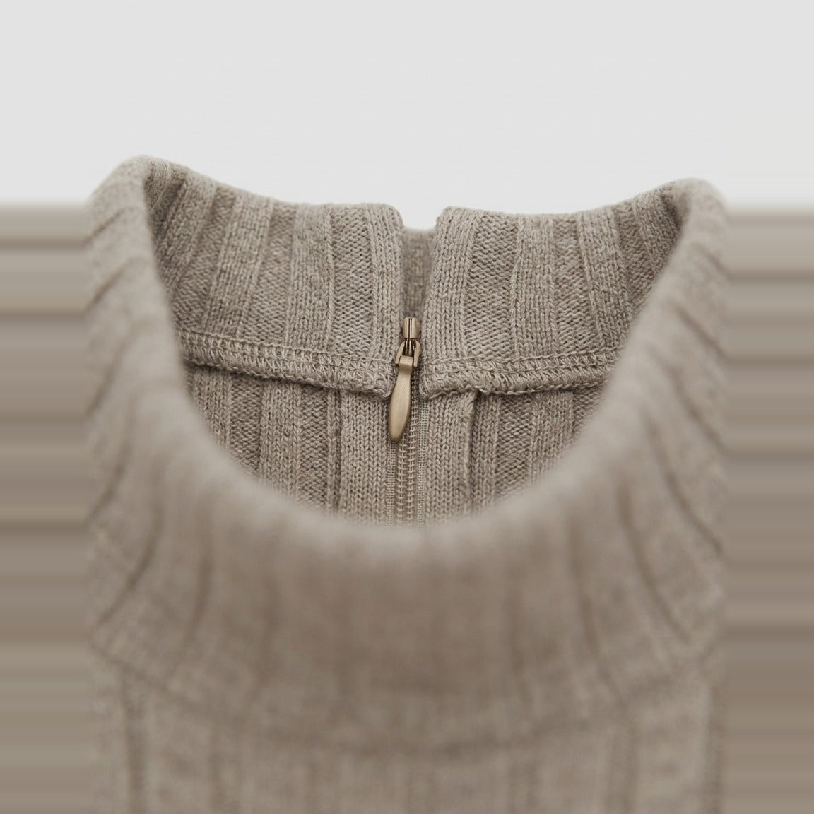 Ribbed Knit Flared Midi Dress in Oatmeal, high neck and back zip on ribbed knit, detail view