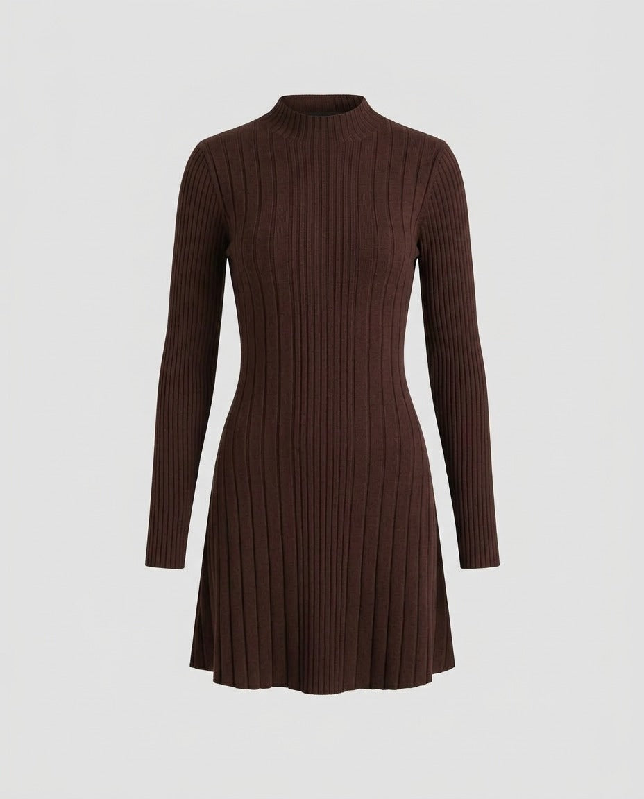 Front view of the Burgundy Ribbed Knit Mini Dress, showing the fitted bodice and A-line skirt.