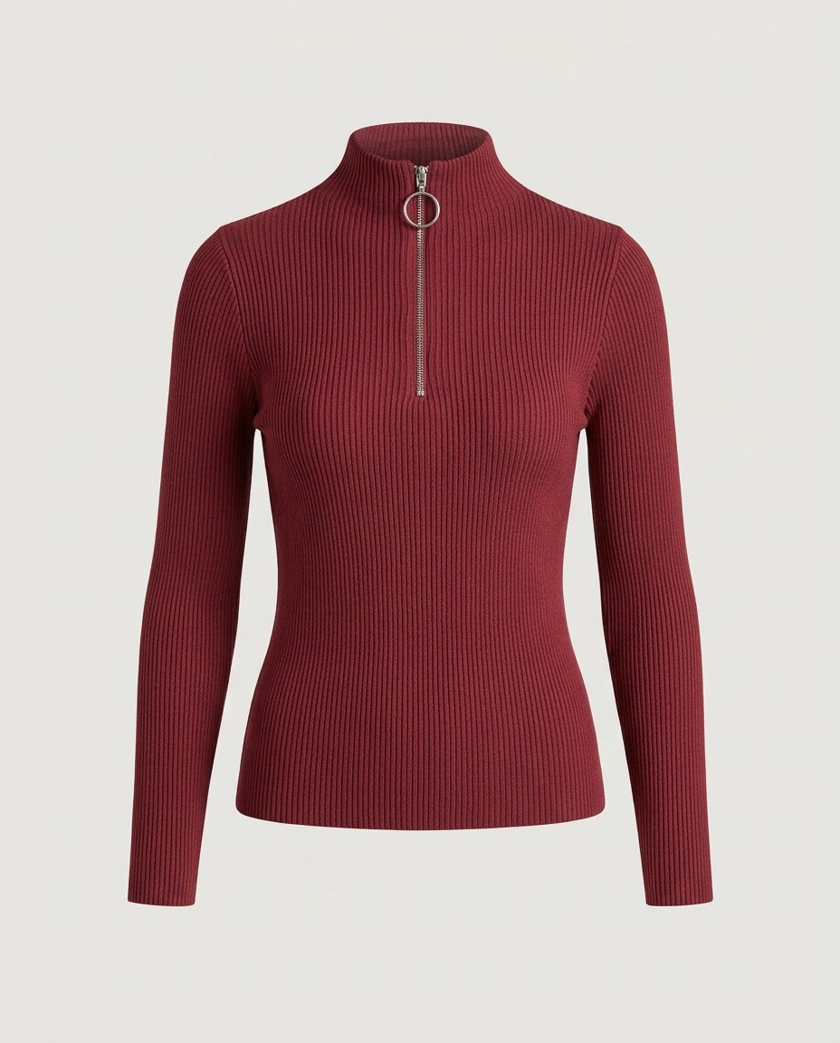 Burgundy fine rib knit sweater with quarter-zip mock neck.
