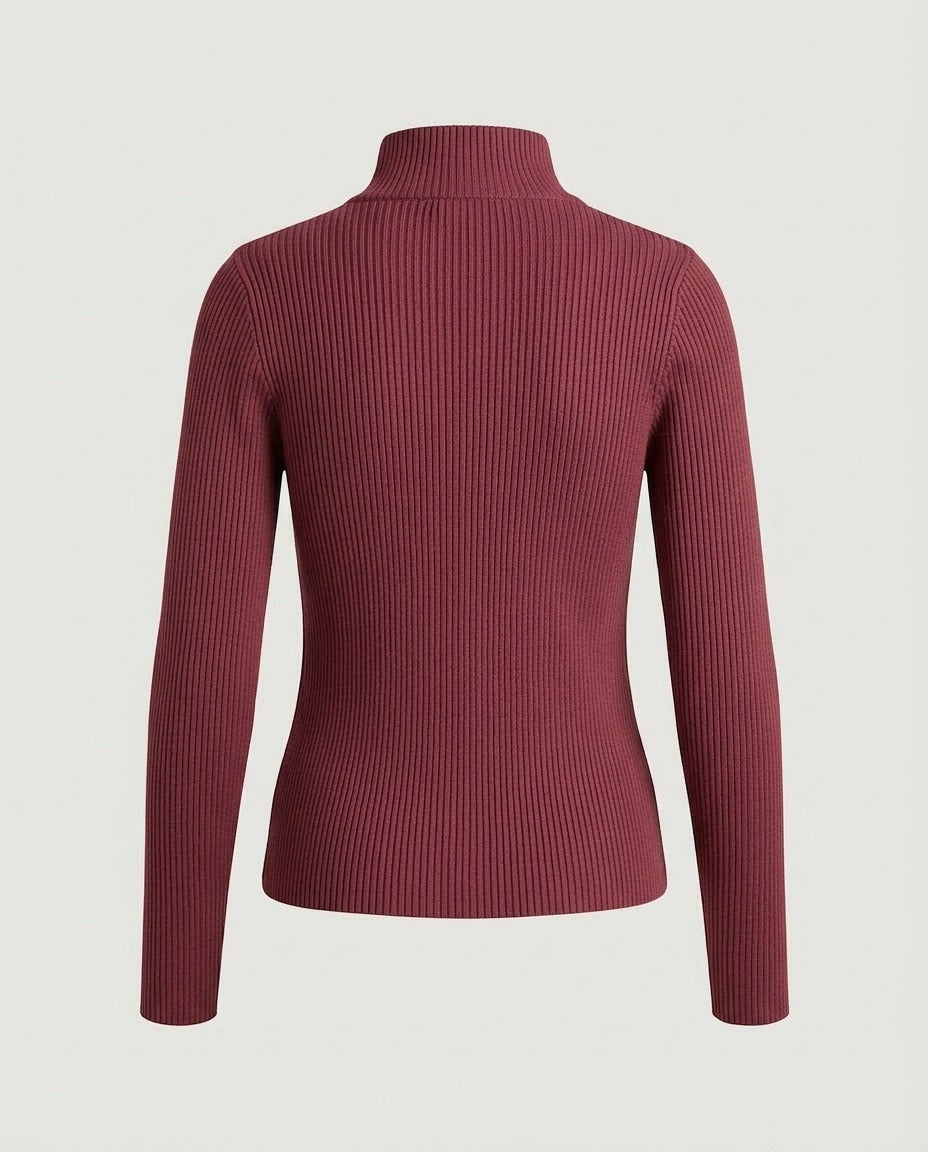Back view of the close-cut Burgundy ribbed knit sweater.