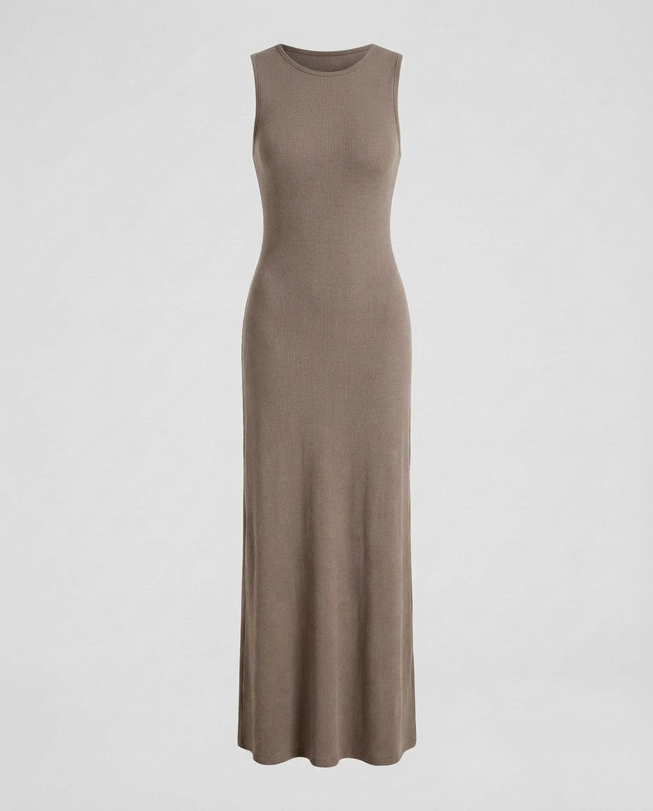 Mocha ribbed sleeveless maxi dress, front view