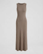 Mocha ribbed sleeveless maxi dress, front view