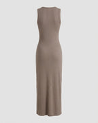 Mocha ribbed maxi dress from the back showing the straight column