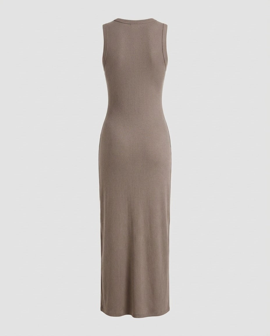 Mocha ribbed maxi dress from the back showing the straight column