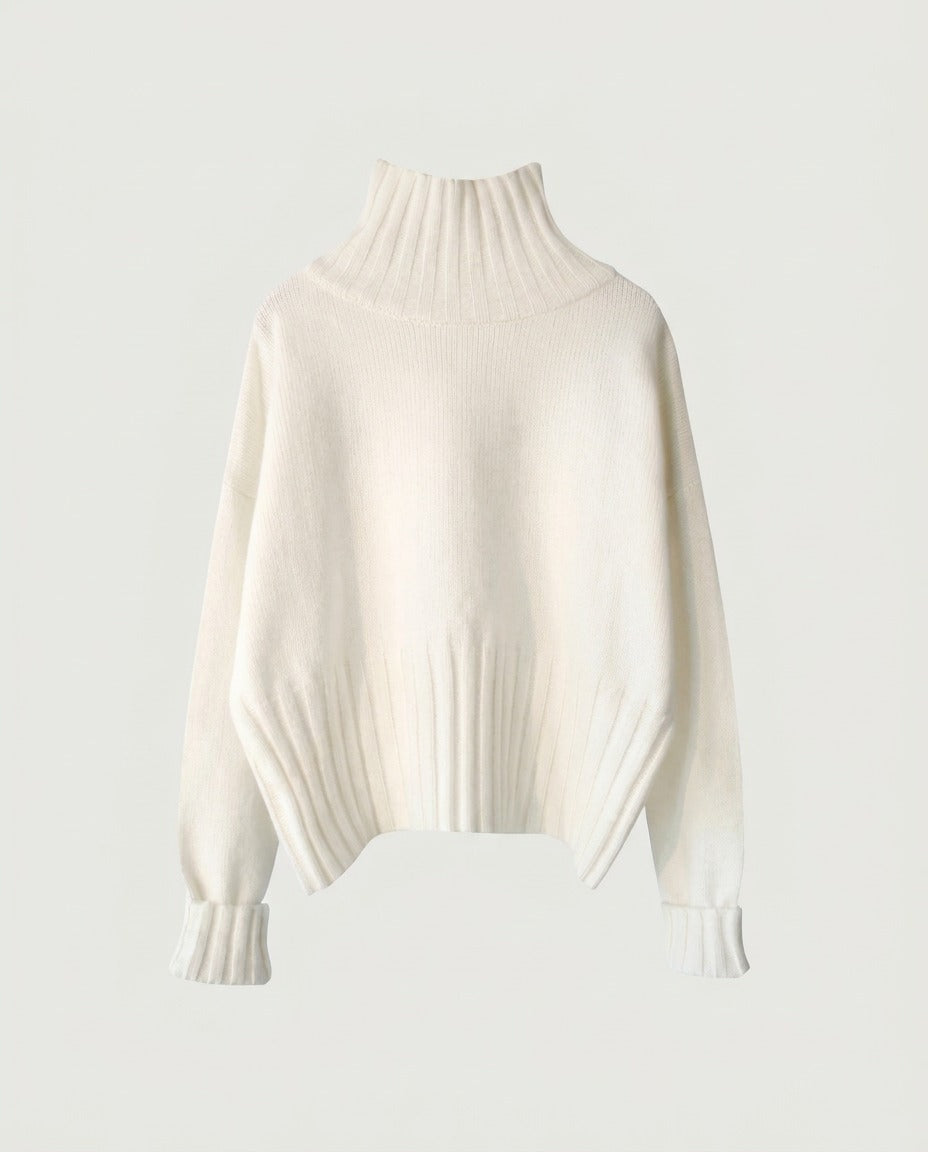 Cream ribbed turtleneck knit with balloon sleeves, front view