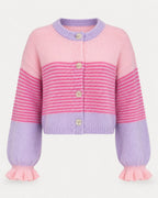 Knit cardigan with ruffled edging along the button placket, front view