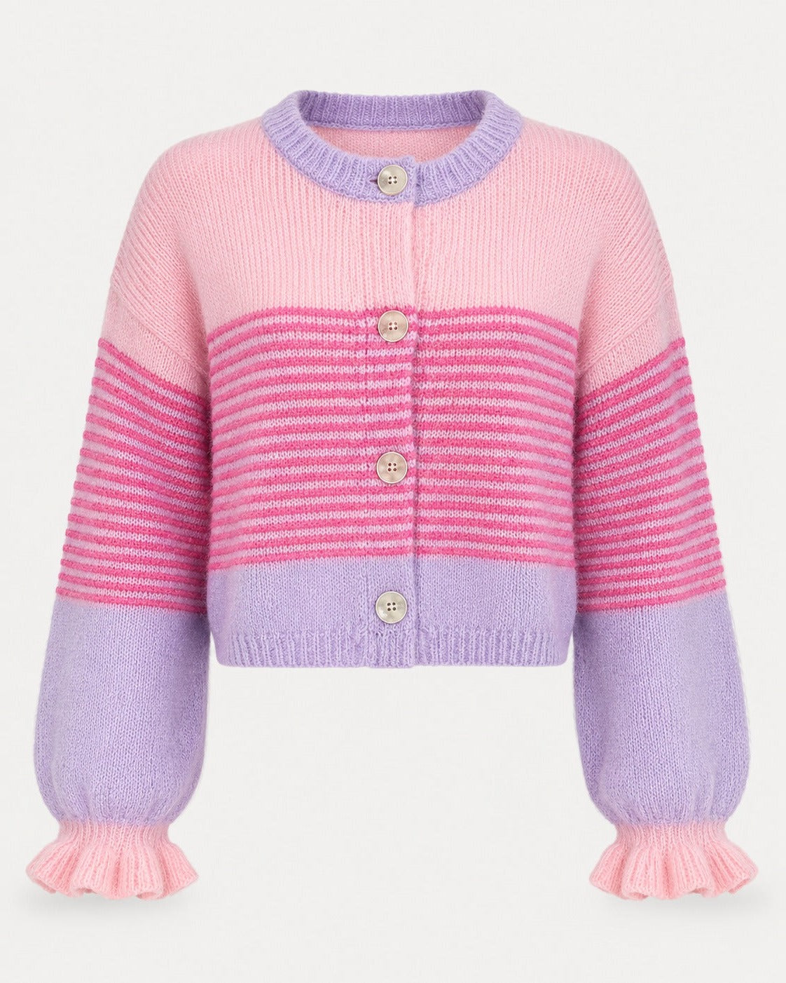 Knit cardigan with ruffled edging along the button placket, front view