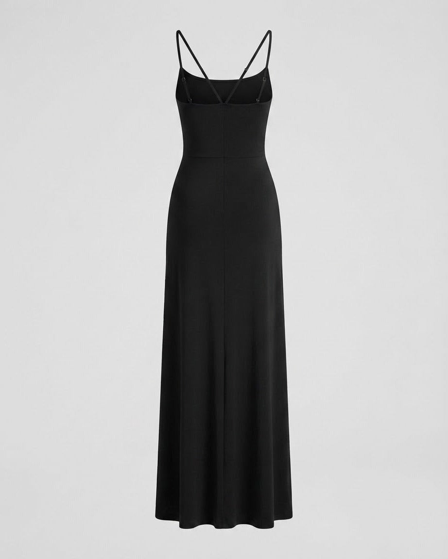 Tiered ruffle maxi dress with fitted bodice and flowing floor-length skirt, front view