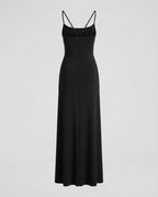 Tiered ruffle maxi dress with fitted bodice and flowing floor-length skirt, front view