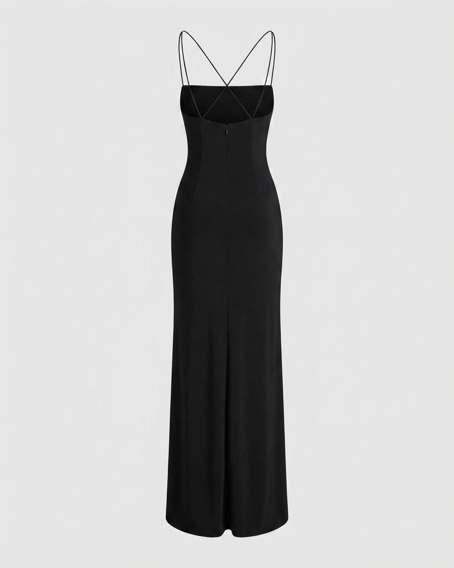 Floor-length ruffle dress showing layered tiers and soft fluid drape, detail view
