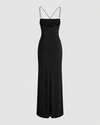 Floor-length ruffle dress showing layered tiers and soft fluid drape, detail view