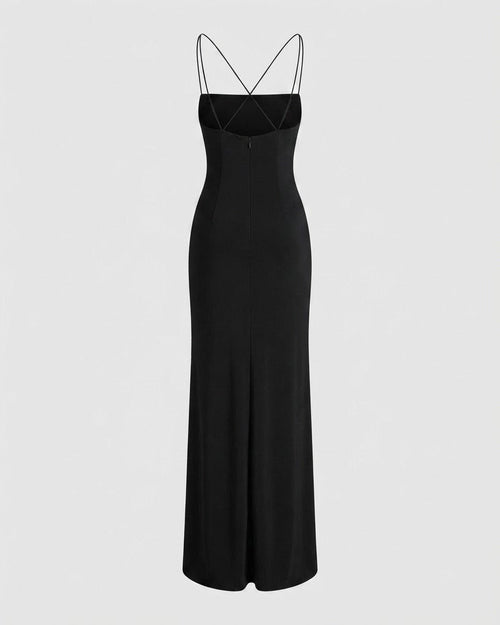 Floor-length ruffle dress showing layered tiers and soft fluid drape, detail view