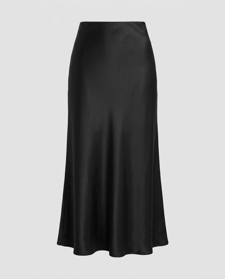 Satin Column Skirt, Black, front