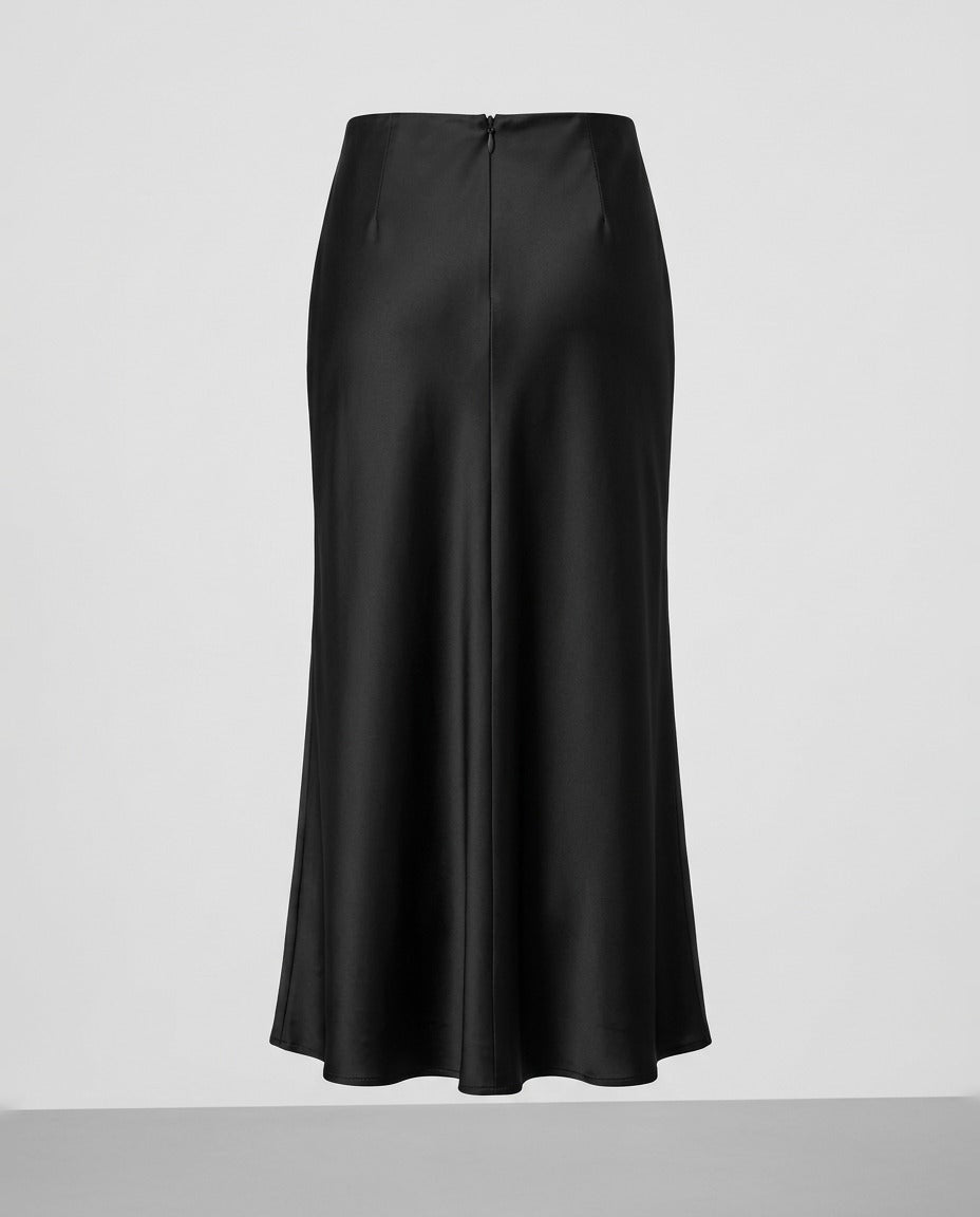 Satin Column Skirt, Black, back