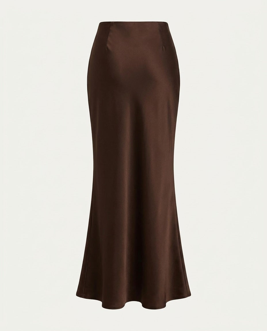 Satin Trumpet Midi Skirt, Chocolate, back