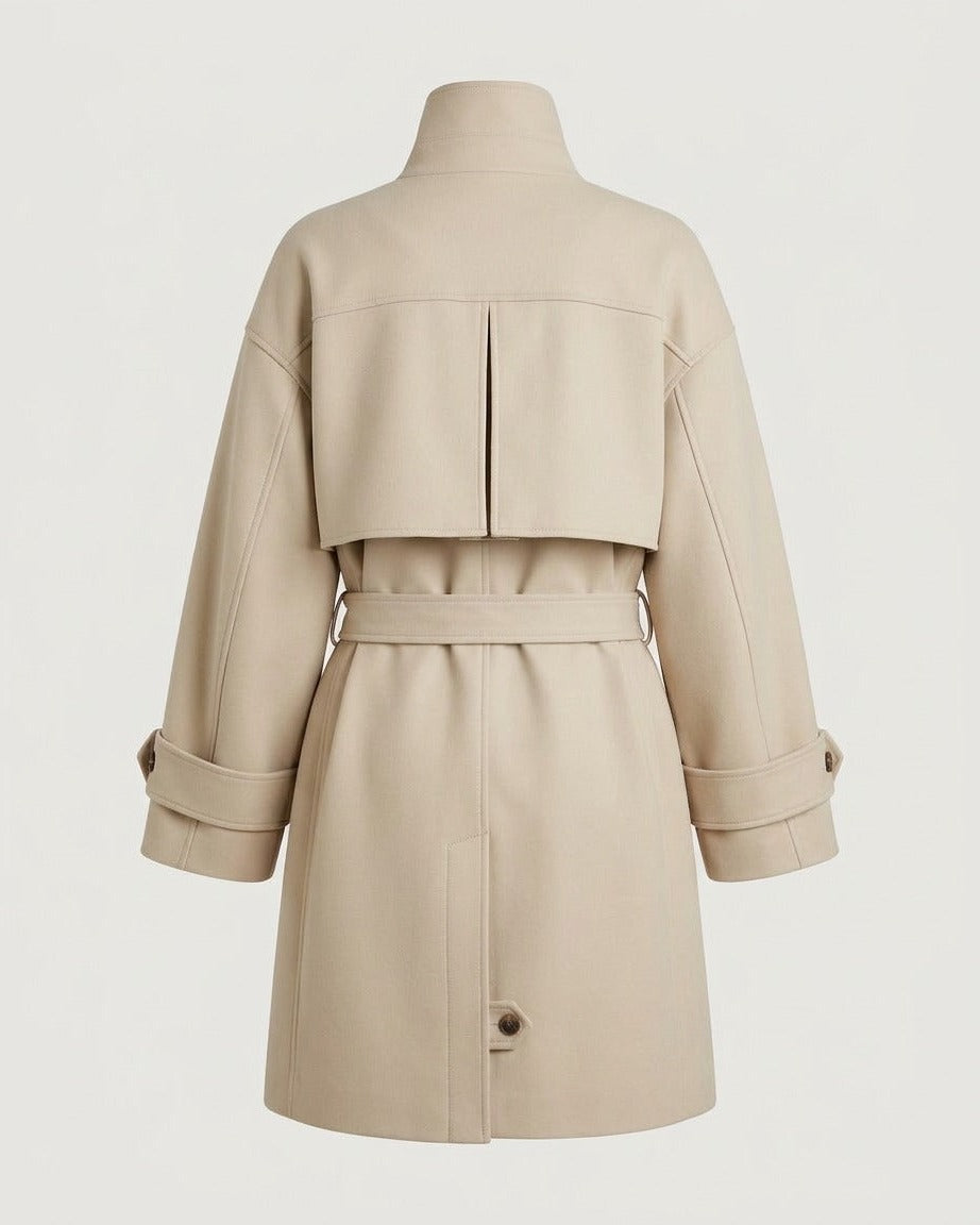 Three-quarter view of the stand-collar cocoon coat in oatmeal.