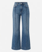 Full length view of Seamed Wide Leg Denim Trousers in Washed Or Mid Denim Blue