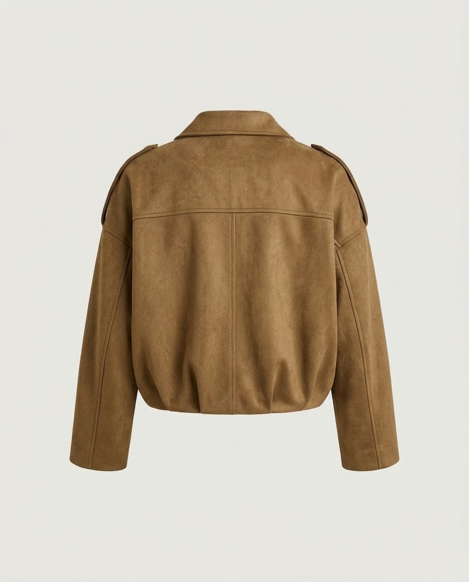 Back view of the structured faux suede blouson jacket in camel with dropped shoulders and waist seam.