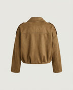 Back view of the structured faux suede blouson jacket in camel with dropped shoulders and waist seam.