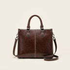 Structured glazed work tote in chocolate with twin top handles