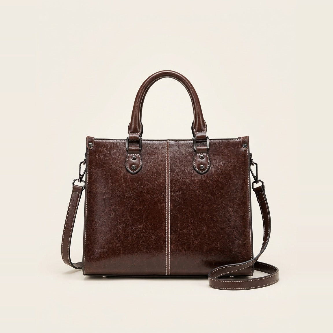 Structured glazed work tote in chocolate with twin top handles