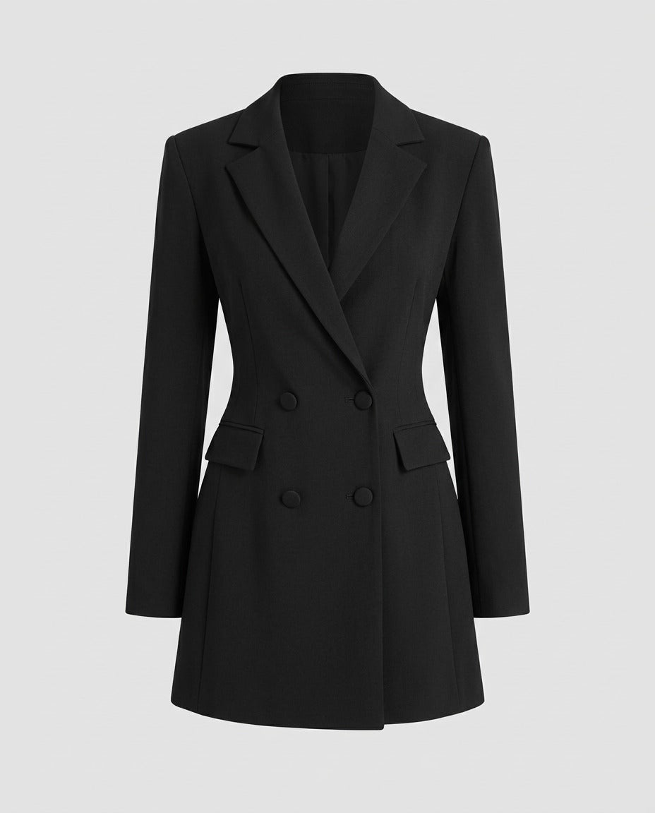 Black double-breasted tuxedo mini dress with peaked lapels.