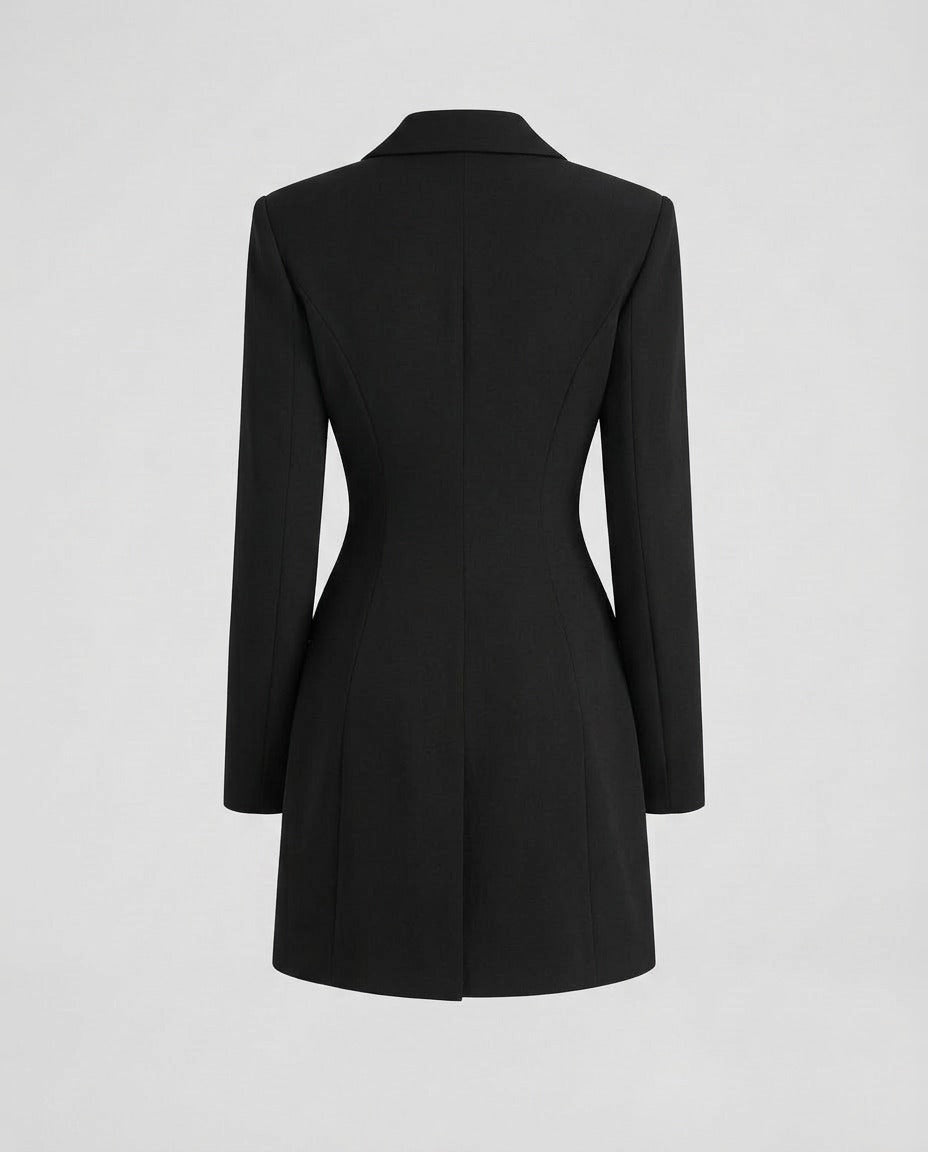 Structured back view of the Black tailored mini dress.