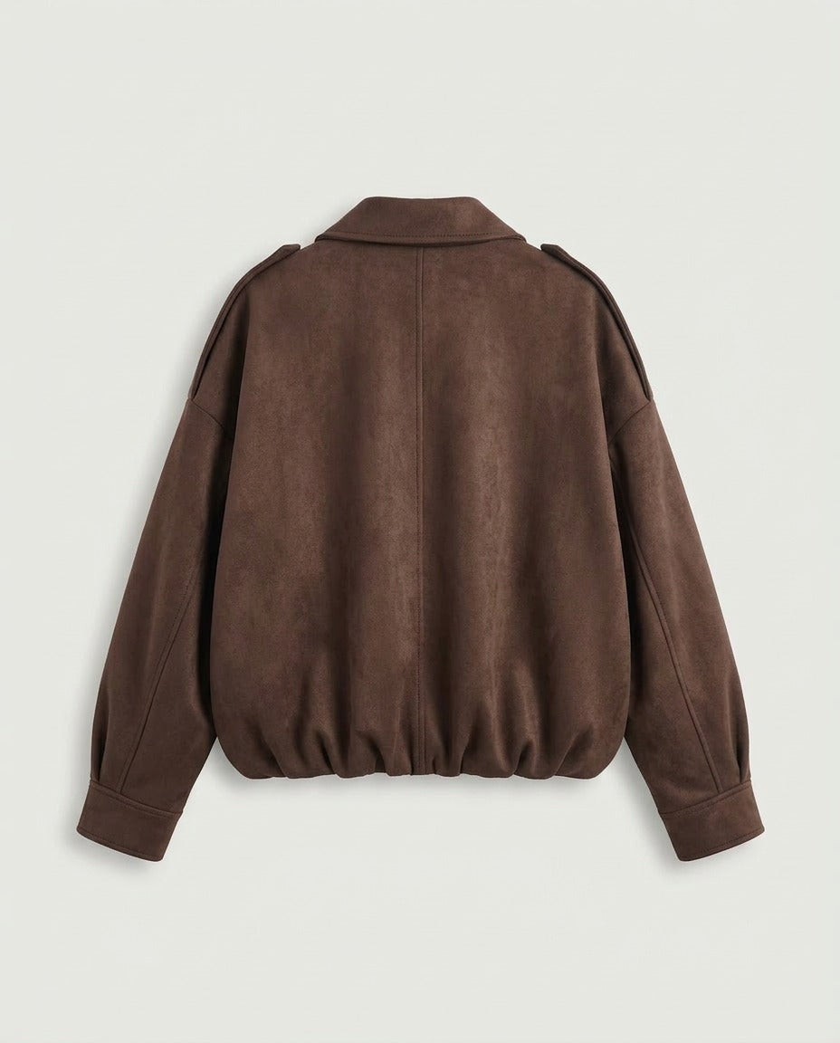 Faux Suede Blouson Jacket, Chocolate, back