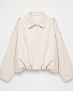 Cream Balloon Blouson with point collar and gathered hem, front view