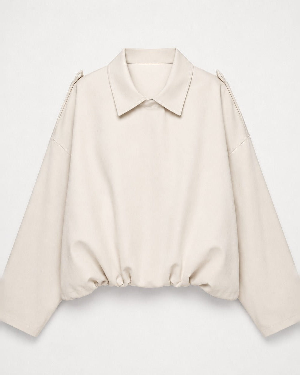 Cream Balloon Blouson with point collar and gathered hem, front view