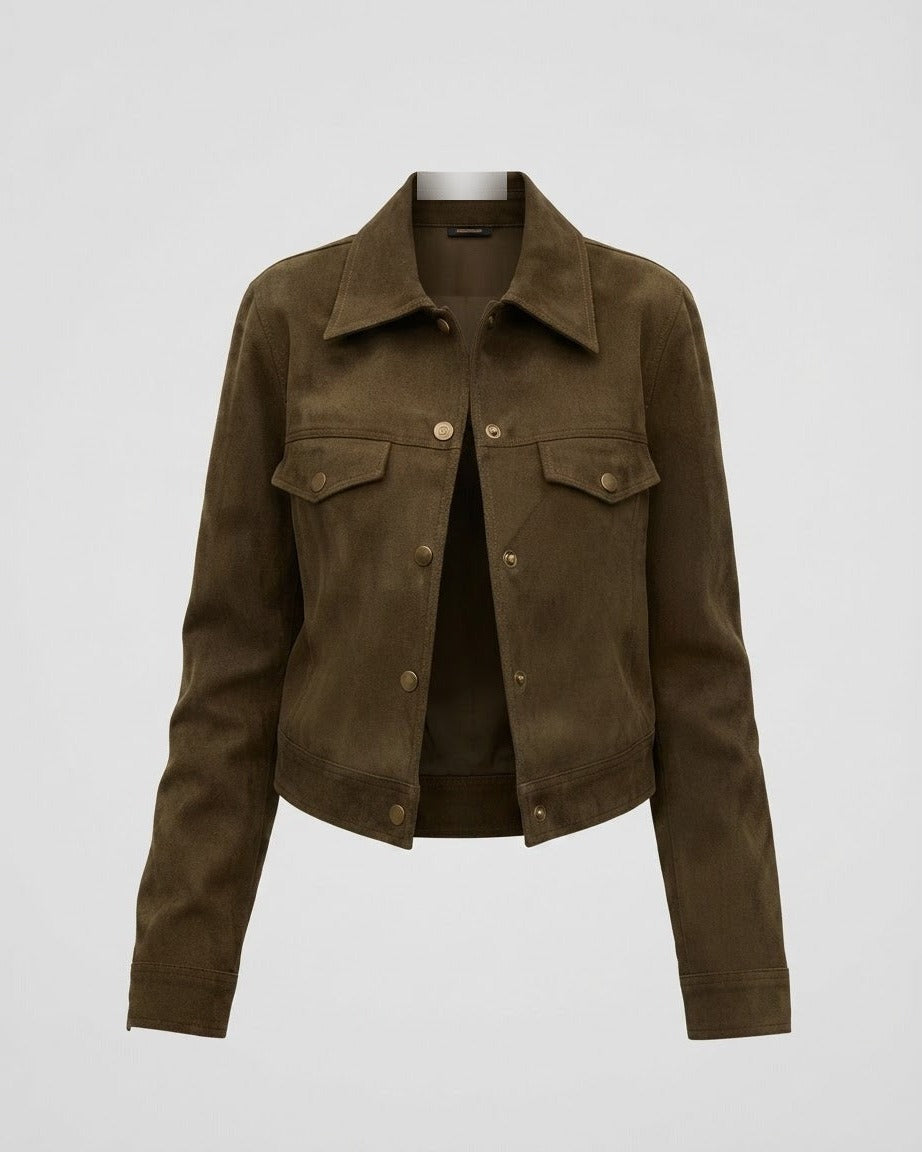 Olive Cropped Trucker Jacket with point collar and flap chest pockets, front view