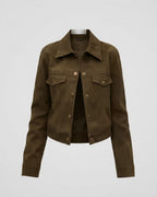 Olive Cropped Trucker Jacket with point collar and flap chest pockets, front view