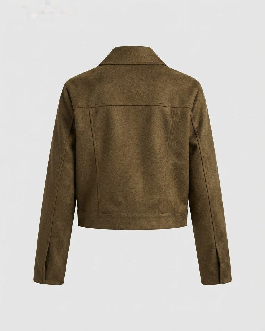 Olive Cropped Trucker Jacket from the back