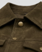 Cropped Trucker Jacket in olive brown, suede-look collar, snap buttons and flap pockets, detail view
