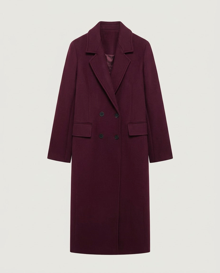Tailored double-breasted long coat in burgundy, front view.