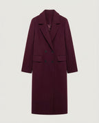 Tailored double-breasted long coat in burgundy, front view.