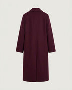 Tailored double-breasted long coat in burgundy, back view.