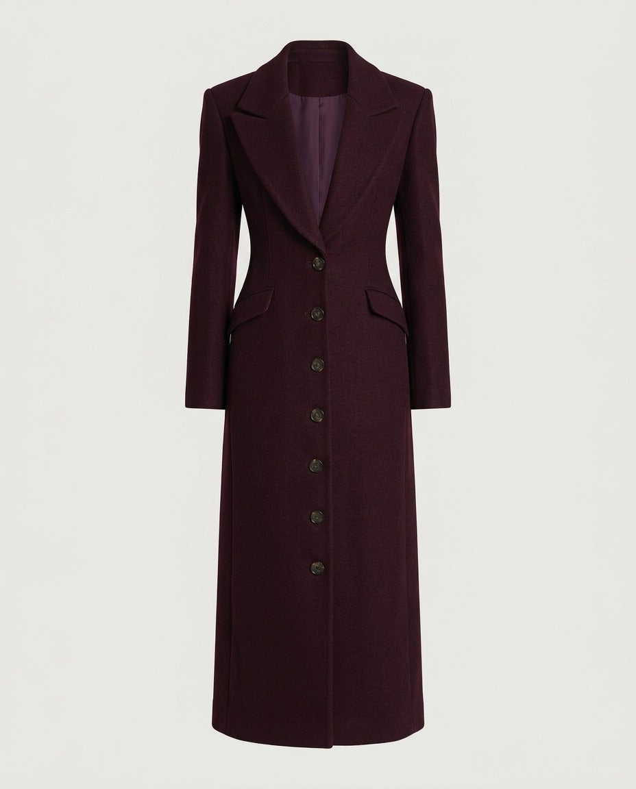 Tailored Maxi Coat in Burgundy, showing the close-cut waist and button placket.