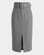 Tailored Pencil Skirt in Grey, front view with wide belt