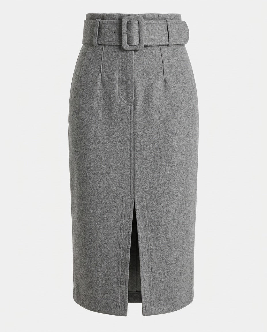 Tailored Pencil Skirt in Grey, front view with wide belt