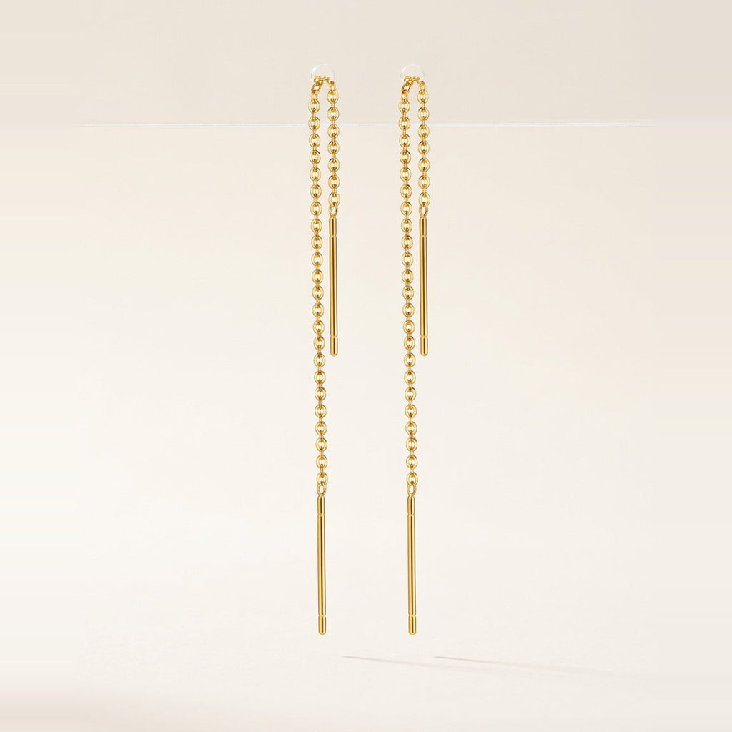 Threaded Chain Drop Earrings in Gold, full length shown.
